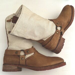 Vintage America USA leather harness boots, canvas tops by Vintage shoe company